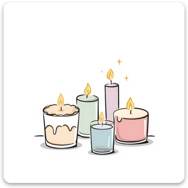 candles in glass holders, some lit with gentle flames, pastel colors dd9fb0 ffc6d3 a3bfc9 c4bee2 f1b091, detailed hand-drawn doodle style sticker
