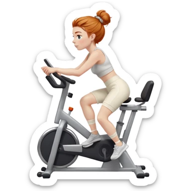 Fit Ginger girl messy bun riding stationary bike cream sweatpants sticker