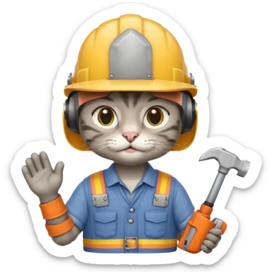 gray cat, handyman Outfit, wearing a Helmet sticker