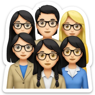 4 persons， 2 female， 2 male, 2male in the middle and 2 female in the side, one female wearing glasses and is black hair, yellow skin, both female are long hair sticker