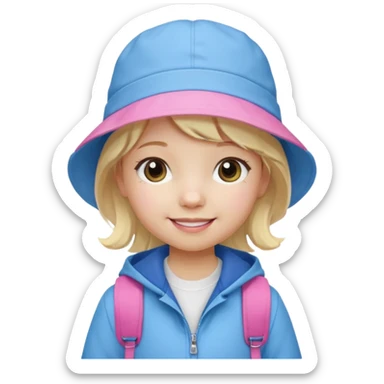 A little girl student white skin, blonde hair, with pink bucket hat, white jacket, blue backpack sticker