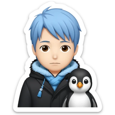 Winter penguin lying on Akashi Seijūrō’s shoulder with Akashi wearing winter clothes ans Akashi Seijuro from kuroko no basuke anime sticker