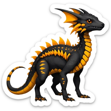 Rare realistic exotic edgy dark gothic gloomy spooky black and orange/yellow epic pretty beautiful handsome gorgeous aesthetic colorful vibrant Vernid-Trico-species-Fakemon-Salandit-hybrid-creature by LiLaiRa, 4 legs, 1 tail, random markings, (full body) sticker