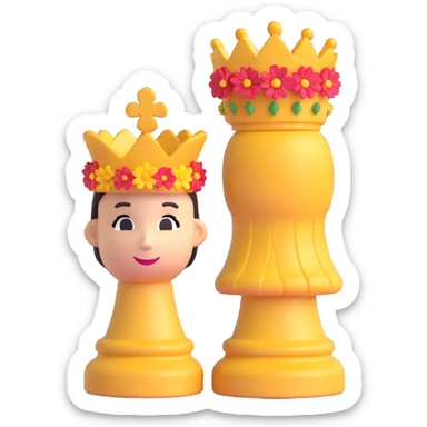 Add more flower types to the 3D queen chess piece with a flower crown, keeping the elegant and natural eco-hacktivist style, no background. sticker