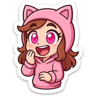 Extract the top left character wearing a pink cat hoodie with pink eyes as a fully visible, separate image with a transparent background, keeping the original chibi stickers cartoon style and appearance. sticker