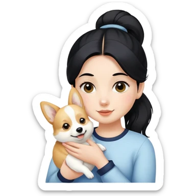 A girl with a black ponytail holding a white corgi sticker
