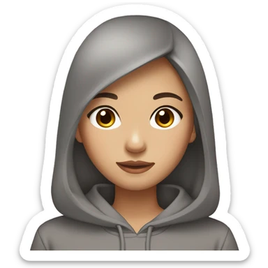 asian girl, brown eyes with mascara, dark brown hair with light highlights at the bottom, hair down, gray hoodie. sticker