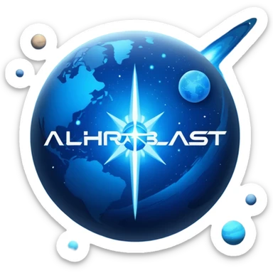 The image is a sci-fi poster with glowing blue text that reads “ALPHA ORIONIS WARS.” A bright blue planet or star glows at the bottom, and the word “STARBLAST” appears below. The design has a futuristic, space-themed look. sticker
