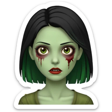 Faça uma zombie mulher bonita verde com olhos castanhos cabelos pretos partido ao meio liso, com estilo  sticker