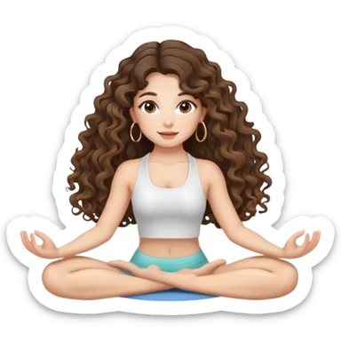cute balayage brunette long hair curly/wavy haired girl, hoop earrings, clean girl makeup DOING a YOGA pose sticker