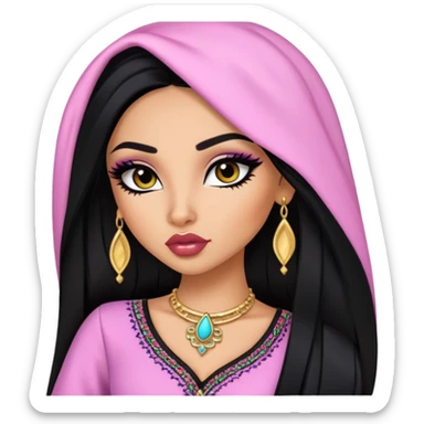 arabian nose, pretty lips, clothes, medium skin,  long black hair, pretty bratz baddie, black eyeliner sticker