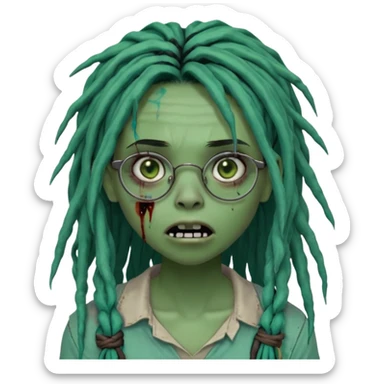 One young female green-skinned, zombie with glasses, with ombre black roots & teal tips long dreadlocks and a side bang of her locs that fall over the left eye and a worried expression like with the mouth open, teeth showing, and the jaw uneven. with a small wound near its mouth. sticker