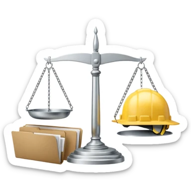 Image of a justice scale with a construction helmet on one side and a folder on the other. sticker