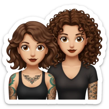 side eye duo — long wavy brown hair tattooed woman and short tight curly brown hair woman — rogue grin sticker