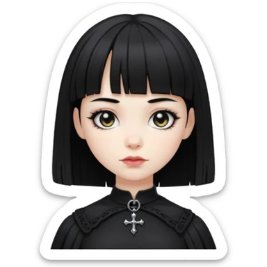 generate an image of a girl with black hair, caucasian and wearing gothic black clothes. Her bangs is short sticker