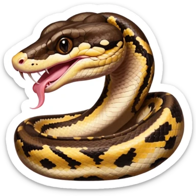 A photo-realistic digital illustration of a Ball Python, large headshot portrait. The snake has a short, rounded snout, smooth contours, and a wide, slow yawn exposing its soft pink mouth. Its head is warm brown with bold, irregular dark markings, including the signature “alien-head” pattern. sticker