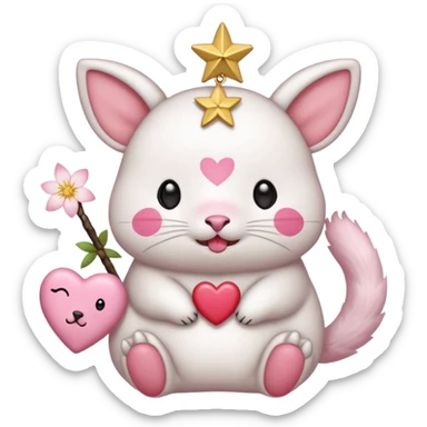 GENERATE ME A MOMONGA WHITE ANIMAL  FROM CHIIKAWA AND PUT A SAKURA FLOWER ON HIS HEAD AND A STAR PELT ON HIS BELLY AND A HEART PURSE ON HIS ARM WITH HIS FACE MAKE HIS TOUNGE STICK OUT WITH A LITTLEPINCH OFDROOL sticker