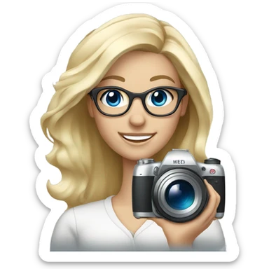 Elegant blonde girl with glasses smiling blue eyes taking pictures with a camera  sticker
