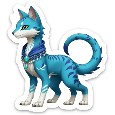 Kawaii cute Indigo Turquoise Grey beautiful pretty elegant divine edgy feline-vernid-sergal-Fakémon-Pokémon-Digimon-fursona-animal-creature, full body, with intricate detailed markings, silken shawl, decorative anklets sticker