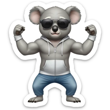 anthropomorphised koala, full body, wearing a hoodie and jeans, dark sunglasses, flexing muscles sticker