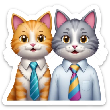happy girl cat with eyelashes wearing a colorful necktie and happy boy cat wearing a professional necktie standing together side by side, both with cheerful expressions sticker