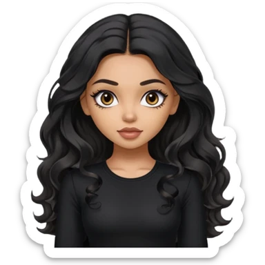a pretty bratz dusky girl with long wavy black hair, kajal under eyes, black full sleeve  top sticker