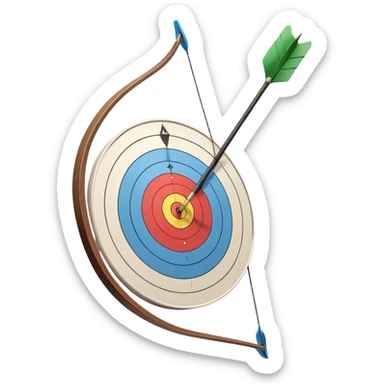 A professional recurve bow with an arrow nocked, ready to be released. The target features concentric rings, placed at a distance. The emphasis is on the bow, arrow, and target, highlighting the precision, focus, and skill involved in competitive archery. sticker