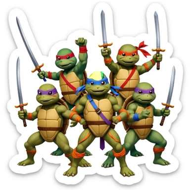 Vector emoji sticker of 4 Ninja Turtles: Leo (blue/swords), Raph (red/sais), Donnie (purple/staff), and Mikey (orange/nunchucks). Action poses, NYC rooftop, pizza box, bold comic style, white border. sticker