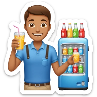 A vendor with a big beverage cooler, offering cold drinks with a wide grin sticker