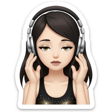 Girl with long dark hair, fair skin tone, wearing a black tank top, has glitter on her eyelids, and taupe lipstick, wearing white headphones, her hands are on her ears, and her eyes are slightly close sticker