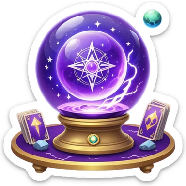 A mystical, glowing crystal ball with swirling sparkles and lightning bolts inside, with tarot cards spread out on the table around the ball, surrounded by zodiac signs and planets floating in space. Use bright purples, blues, and golds to create a magical, mysterious vibe. transparent background.  sticker