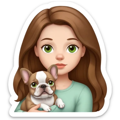 A girl with brown long hair and light green and grey eyes holding a French bulldog sticker