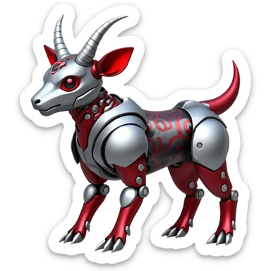 Futuristic mechanical cyborg horned modern badass cool shiny metallic alloy silver-grey black crimson-red white animal hybrid Fakemon full body with intricate patterns sticker