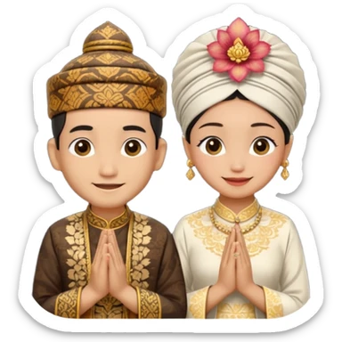 javanese person with shy smile (male) with batik blangkon hat and prayer hand, and also a javanese bride with sanggul or javanese classic updo and a shy smile sticker
