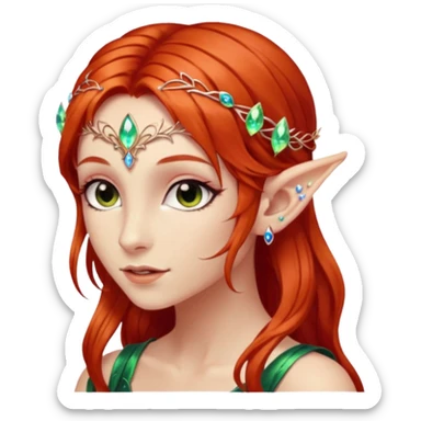 portrait of red haired Elvish fae shiny sparkly iridescent translucent diaphanous ear climber ear cuff sticker