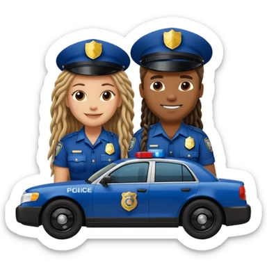 African American male police officer with long dreadlocks with Caucasian woman police officer both sitting in New York police car sticker