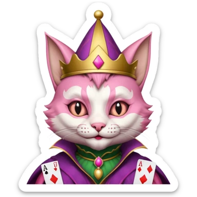 court jester cat medieval, single poker card joker clearly visible, pink, face only sticker