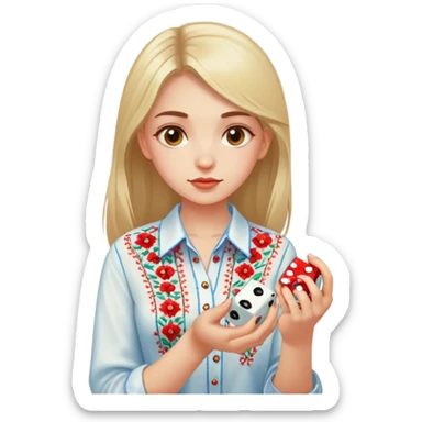 A Ukrainian girlin an embroidered shirt holds a dice in her hand sticker