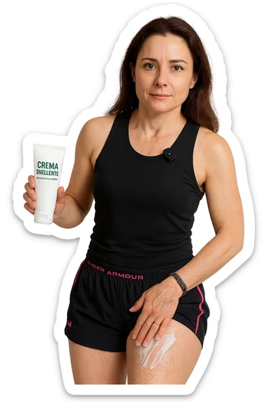 Donna con cellulite sulle cosce che usa una crema chiamata "Crema snellente" senza mano in alto sticker