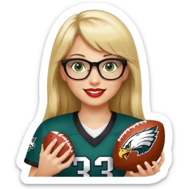 full length women wearing eagles uniform, long blonde hair, bangs, green eyes, black glasses, holding football, number 33, smiling, lipstick sticker