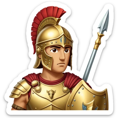 Cinematic-realistic Achilles emoji portrait fearlessly on the battlefield of Troy. His trojan armor gleams , each intricate engraving telling tales of his past glories. His piercing gaze locks onto his foe, his grip tightening around his spear.  sticker