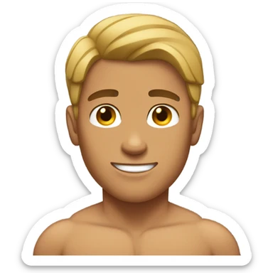 Tan guy with middle part and shirt off with muscles sticker