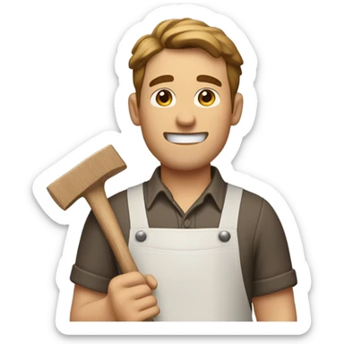 "A sturdy man with rough hands, short light brown hair, and a friendly, naive expression. He wears a work apron over simple clothes and holds a hammer or wood in a rustic workshop." sticker