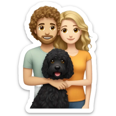 a white girl with long brown hair, hugging a black coated labradoodle. adding a white man with curly blonde hair. sticker