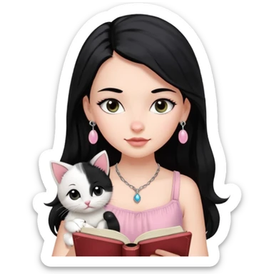 Menina branca ,cabelos pretos longos, olhos pretos puxados para cima. Cílios longos, lábios grossos ,nariz pequeno ,vestido rosa claro de alça. Colar e brinco bem pequeno. Lendo um livro com gatinho preto e branco. sticker