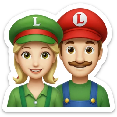 blonde female Luigi (with the Luigi green hat with an L on it) and a normal brown hair male Mario with the red hat. They are friends just smiling sticker