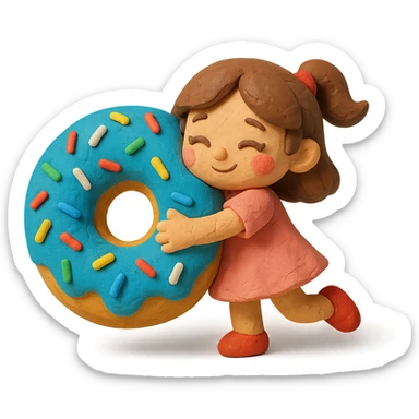 claymation style chibi girl hugging giant donut with sprinkles sticker