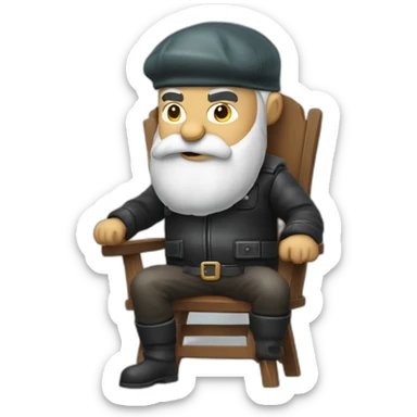 biff wiff santa beard wearing a leather jacket and a paddy cap sitting in a folding directors chair looking angry(full body, ios17) sticker