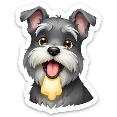Cinematic Cute Yawning Miniature Schnauzer Portrait Emoji, Head cocked with a wide, adorable yawn and droopy, charming eyes, featuring a neatly trimmed, lovable salt-and-pepper fur, simplified yet irresistibly cute, highly detailed, glowing with a warm, relaxed radiance, high shine, exuding a sleepy yet spirited charm, styled with a soft, cozy glowing outline, capturing the essence of a Miniature Schnauzer mid-yawn, radiating pure, drowsy cuteness! sticker