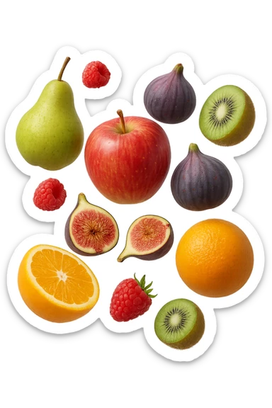Pere, mele, lamponi, fichi, kiwi, arance FLUTTUANO IN ARIA, IPERREALISTICO 4K sticker